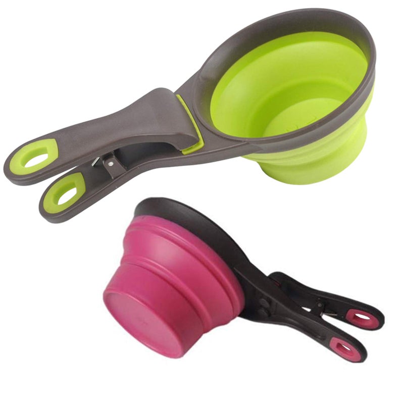 Acronde Collapsible Pet Scoop Silicone Measuring Cups Set Sealing Clip 3 in 1 Multi-Function Scoop Bowls Bag Clip for Dog Cat Food Water Set of 2 (1 Cup & 1/2 Cup Capacity) (Multicolor) - Image 1